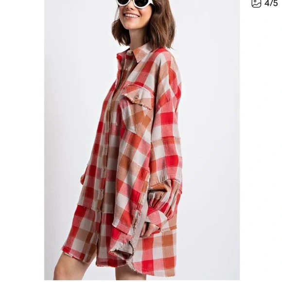 Red and Tan Plaid Button Down oversized shirt - Picture 2 of 12
